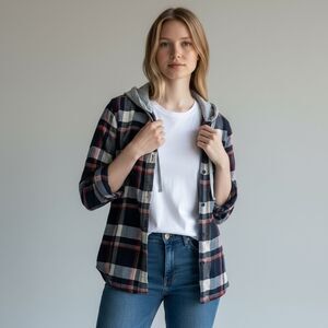 PACSUN Tryst Plaid Button-Down Hoodie Flannel Small